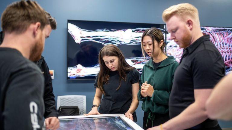 Photos shows several students working on a digital cadaver displayed on an Anatomage table.